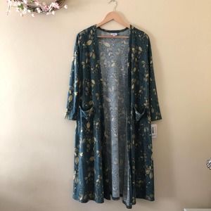 LuLaRoe Sarah Long Cardigan Duster Open Front Green Floral Size S